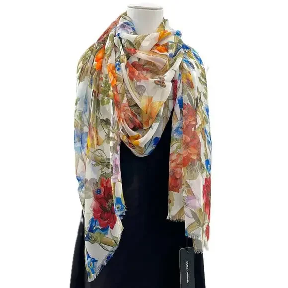Dolce & Gabbana Floral Printed luxury lightweight silk scarf Shawl Orange Multi - Picture 3 of 9